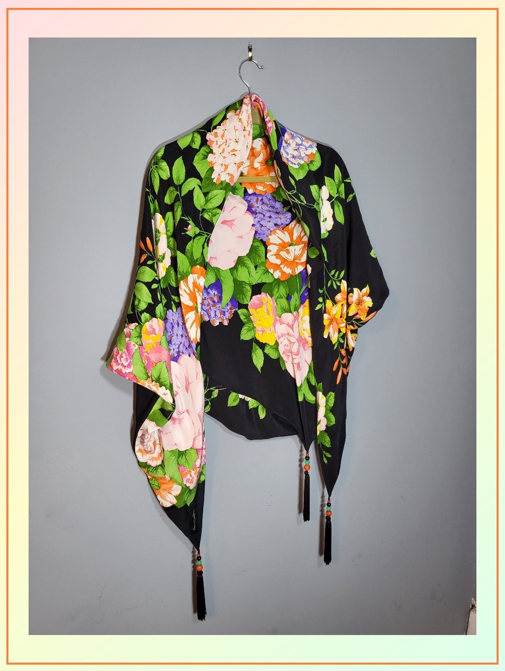 Rafael Sanchez Black Floral Shawl with Tassels Rich Satin